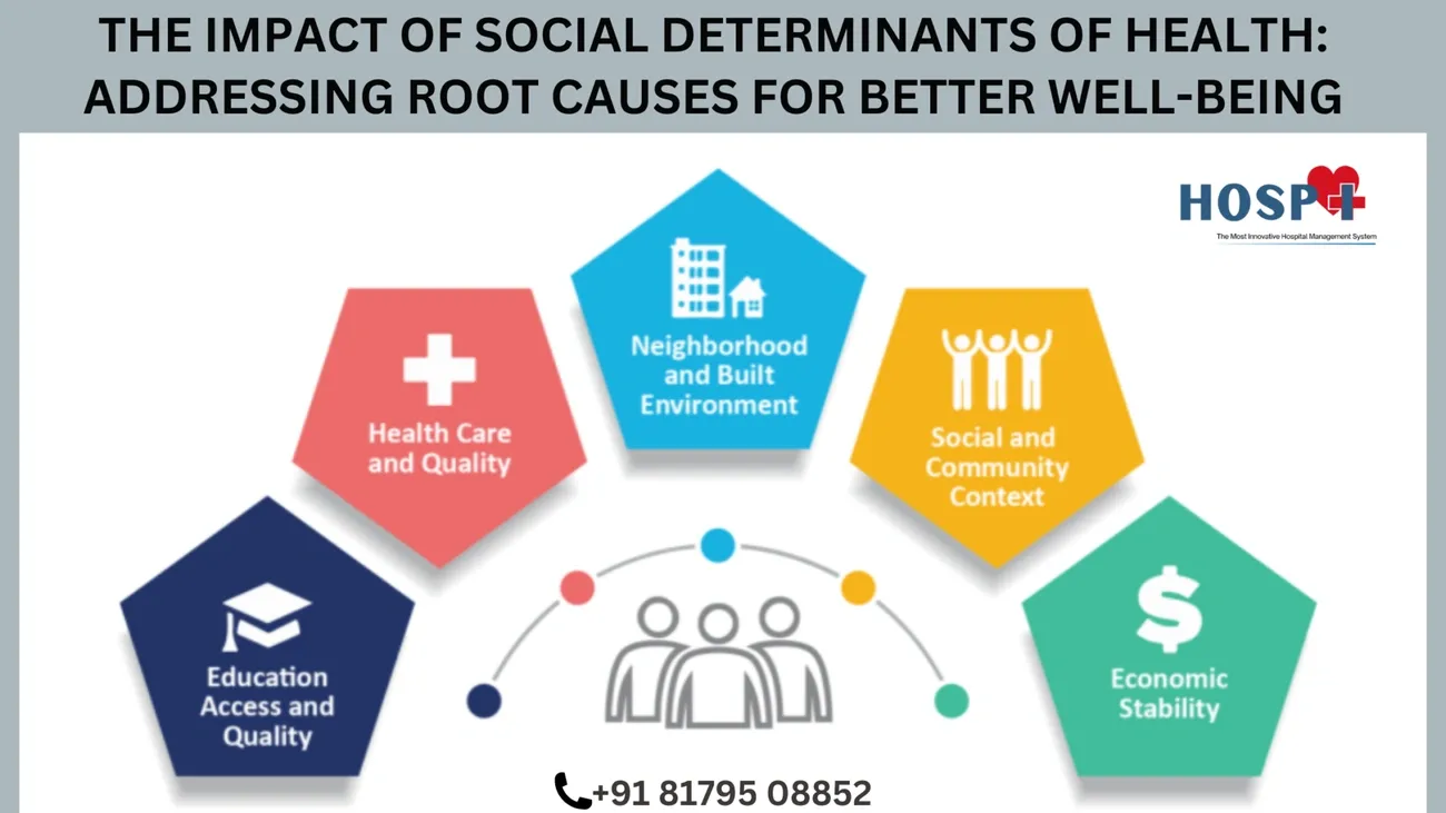 Diagram showing five social determinants of health: education, healthcare, environment, community, and economic stability.