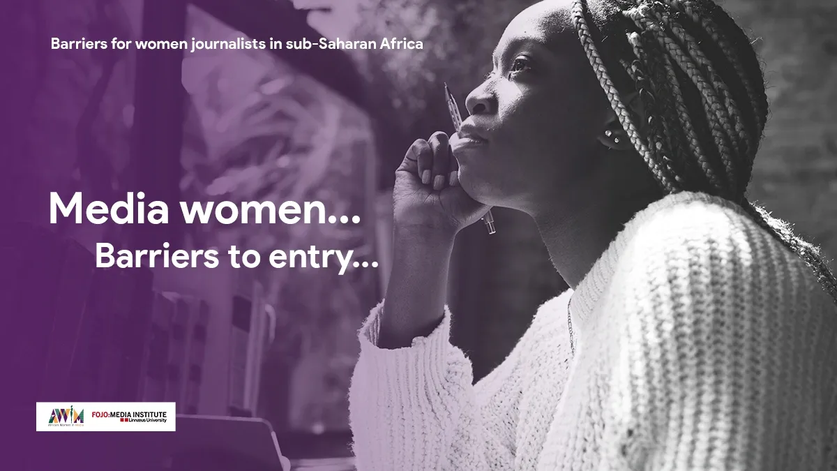Black and white photo of a woman with braids and a white sweater, alongside text about barriers for women journalists in Sub-Saharan Africa.