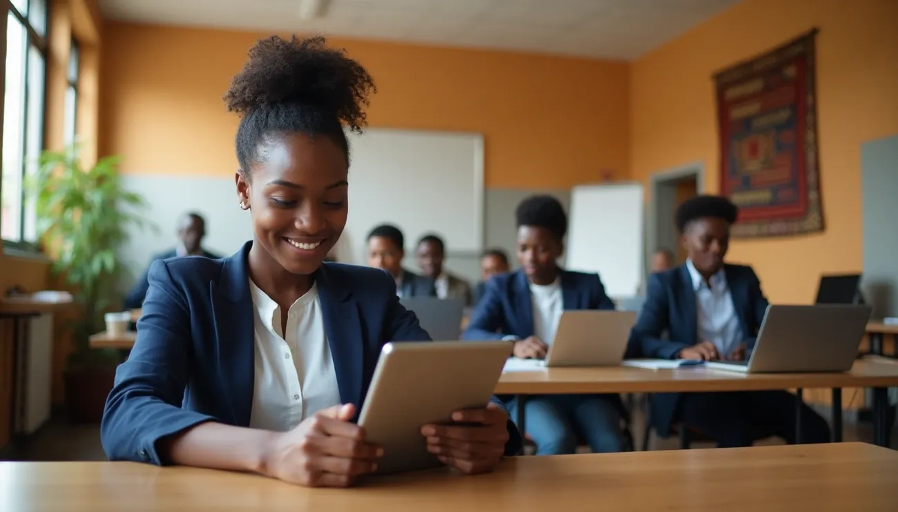 African professionals in a training session using digital devices in a bright classroom setting.